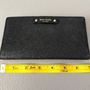 Kate Spade Black Glitter Bifold Wallet Zip Pocket Card Holder Leather